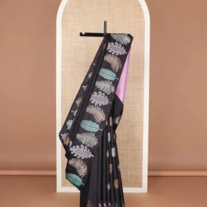Black leaf buttas kancheepuram silk saree with self border of leaf design & floral design pallu