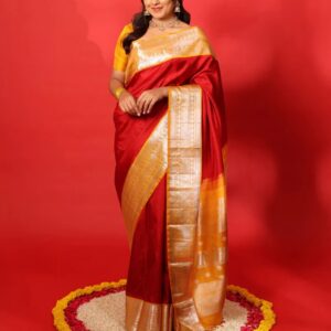 Red plain Kanchipuram silk saree, contrast korvai border of muthu, vanki, neli, rudraksham, and mayil kann, and traditional zari steeped pallu
