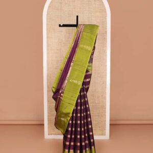 Purple zari design soft silk saree, contrast manga jhumka zari border, and zari striped pallu