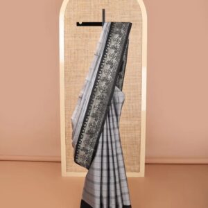 Grey striped mayuri soft silk saree with contrast intricate design border & abstract design pallu