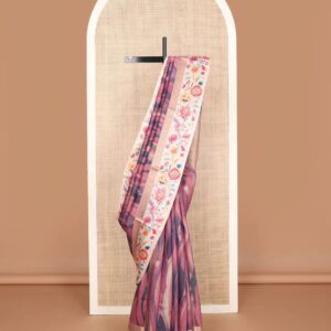 Pink abstract-style printed tussar saree with zari buttas, contrast border of traditional zari design & multi-color floral & bird motifs print & zari striped pallu