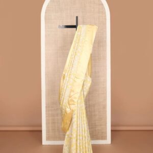 Yellow kalamkari-style floral vine & peacock printed tussar saree with zari buttas, plain border & plain pallu