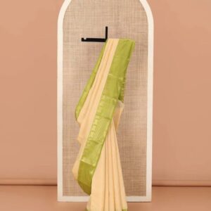 Sandal Vasundhara silk mix saree, contrast border of singam, kathir, and rudraksham designs, and jaal pallu