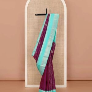 Purple zari design silk saree, contrast rettai pettu traditional zari border, and intricate pallu